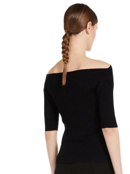 Max Mara Weekend Ribbed Knit Boat Neck Top Black | Fitted Stretch Off Shoulder - Picture 2 of 9